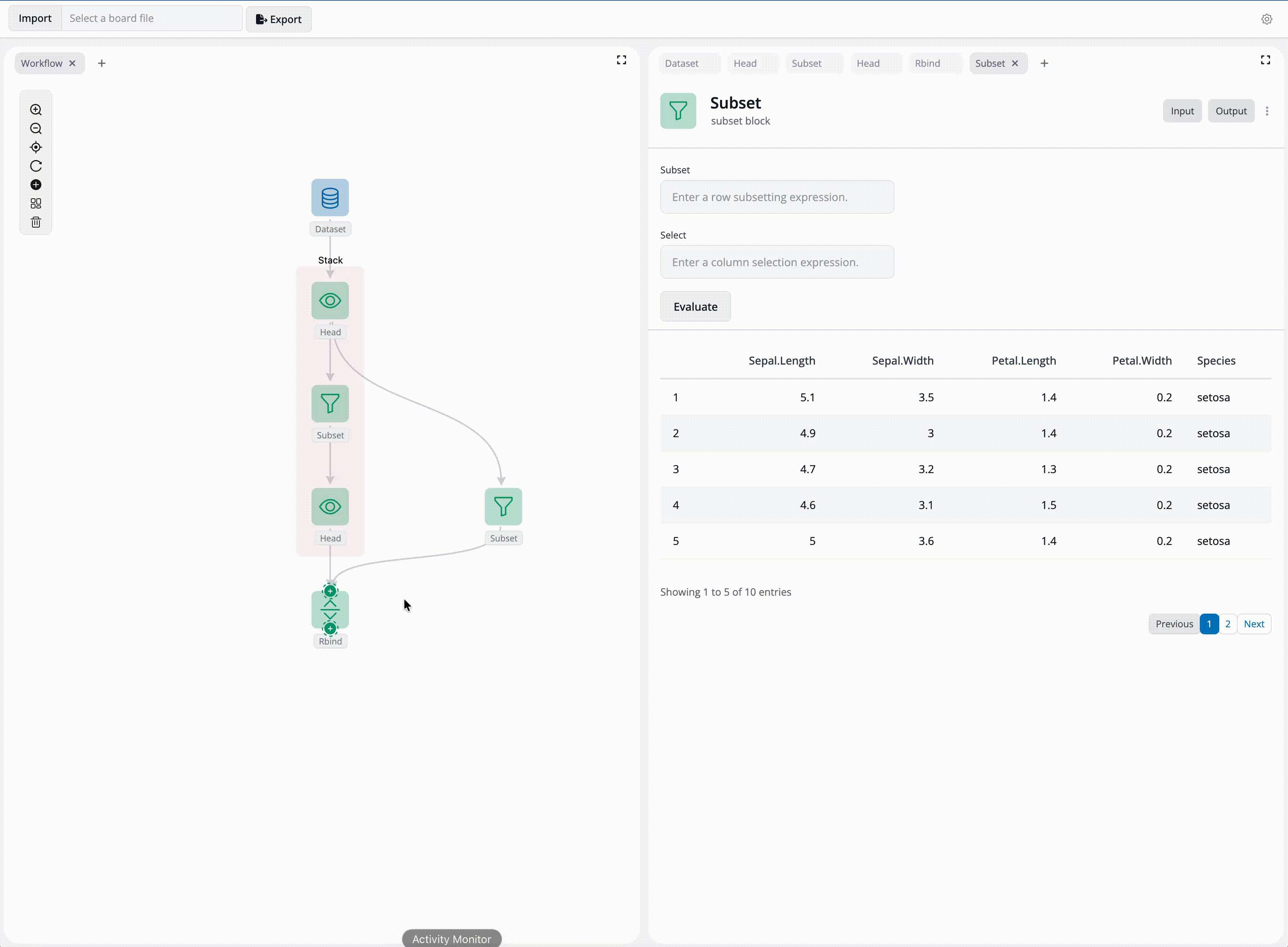 Copying and pasting a block in a blockr.dag workflow.